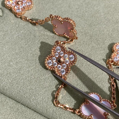 [Love Aura]CLOVER 10 MOTIFS DIAMOND PINK MOP NECKLACE