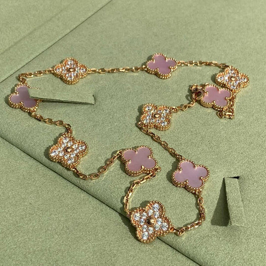 [Love Aura]CLOVER 10 MOTIFS DIAMOND PINK MOP NECKLACE