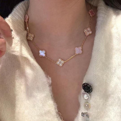 [Love Aura]CLOVER 10 MOTIFS DIAMOND PINK MOP NECKLACE