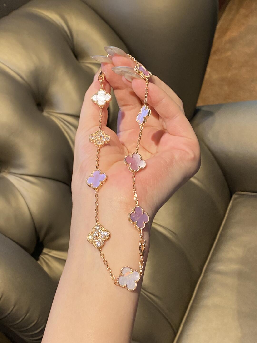 [Love Aura]CLOVER 10 MOTIFS DIAMOND PINK MOP NECKLACE