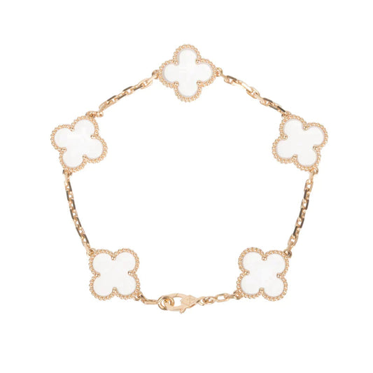 [Love Aura]CLOVER 5 MOTIF ROCK CRYSTAL PINK GOLD BRACELET