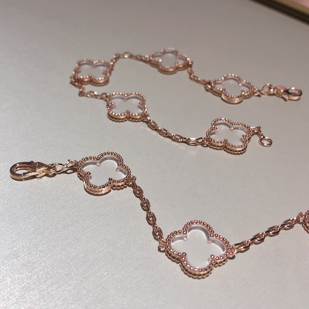 [Love Aura]CLOVER 5 MOTIF ROCK CRYSTAL PINK GOLD BRACELET