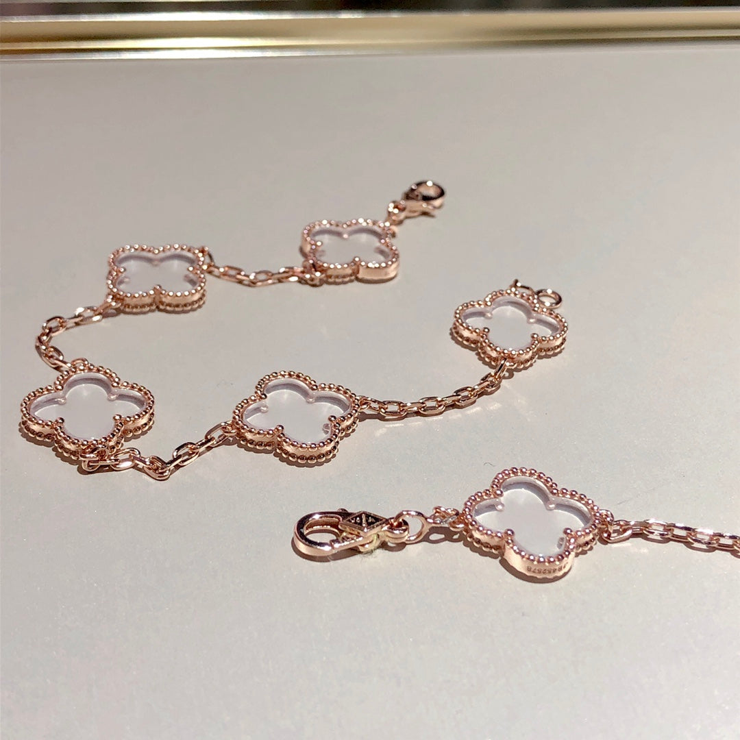 [Love Aura]CLOVER 5 MOTIF ROCK CRYSTAL PINK GOLD BRACELET