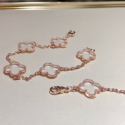 [Love Aura]CLOVER 5 MOTIF ROCK CRYSTAL PINK GOLD BRACELET