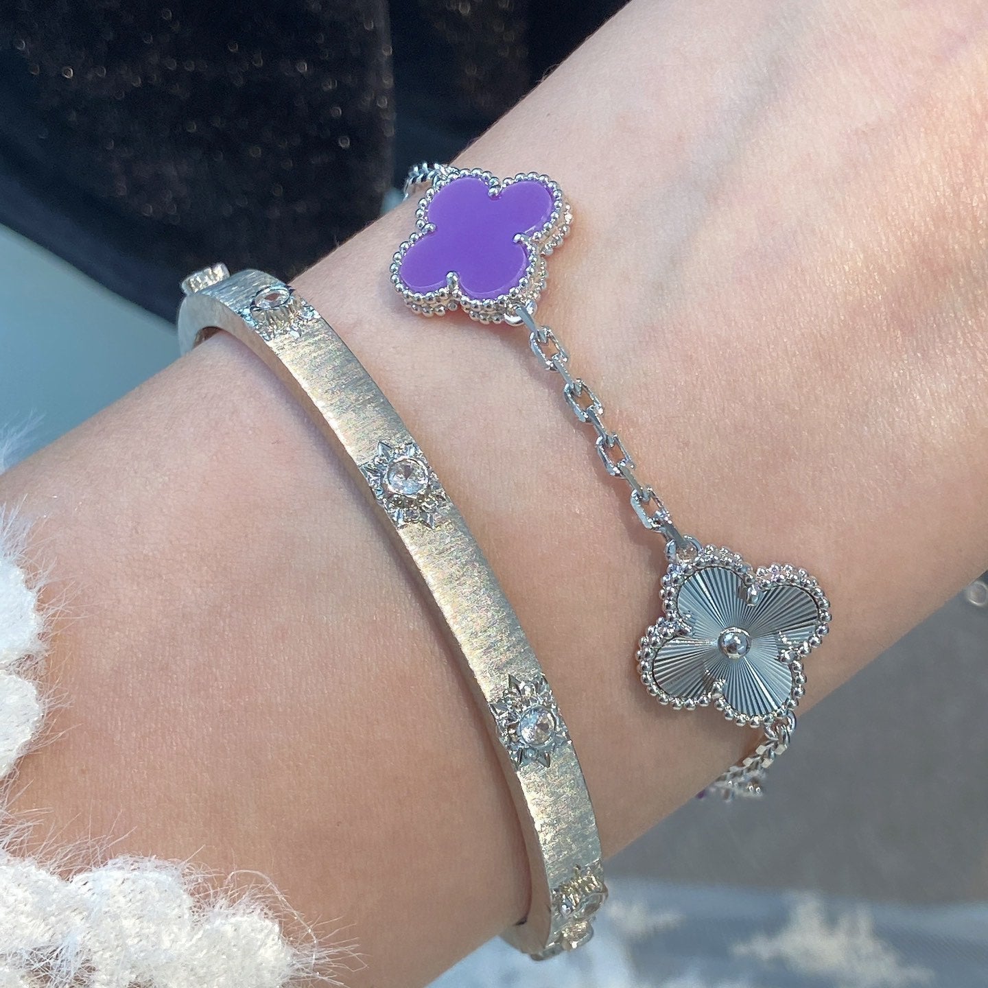[Love Aura]CLOVER  5 MOTIFS  PURPLE VIOLET BRACELET SILVER