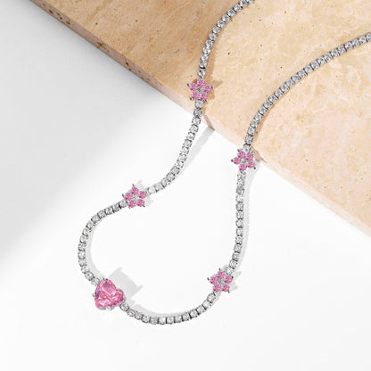 [Love Aura]Dazzling Pink Heart Flower Necklace