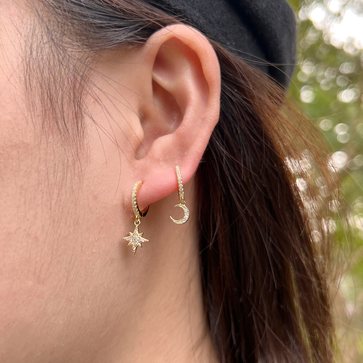 [Love Aura]Star and Moon Asymmetric Earrings
