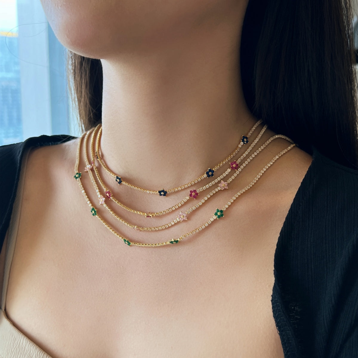 [Love Aura]Luxurious Colorful Flower Tennis Necklace