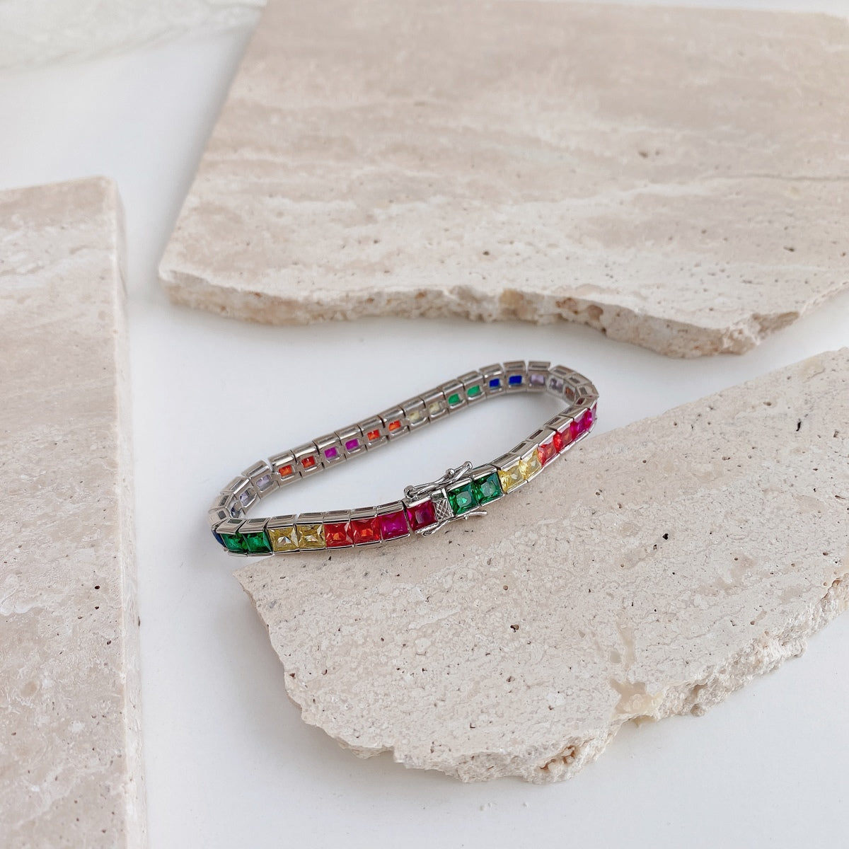 [Love Aura]Radiant Colorful Princess Cut Tennis Bracelet