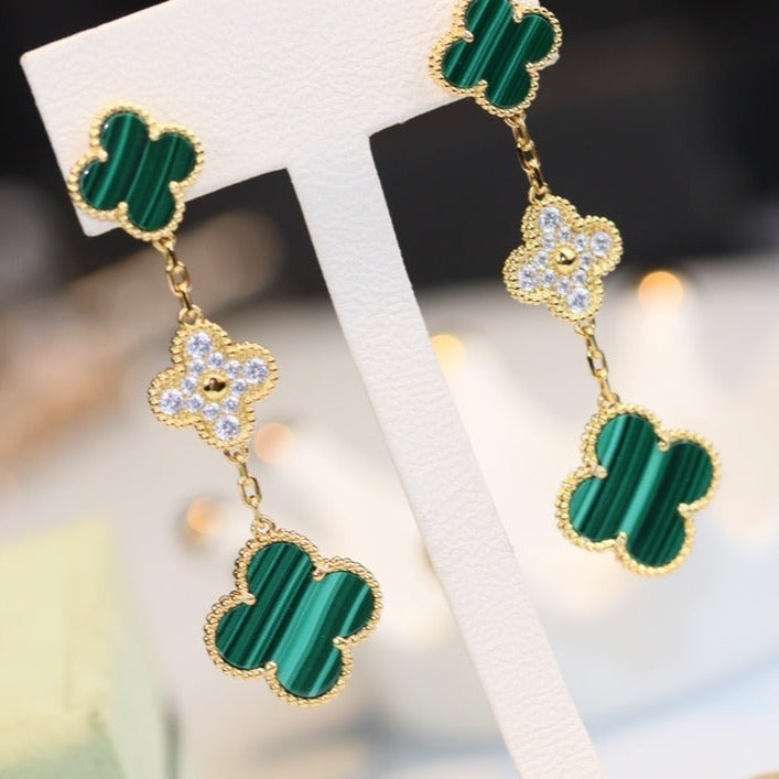 [Love Aura]CLOVER EARRINGS GOLD MALACHITE DIAMOND 3 MOTIF