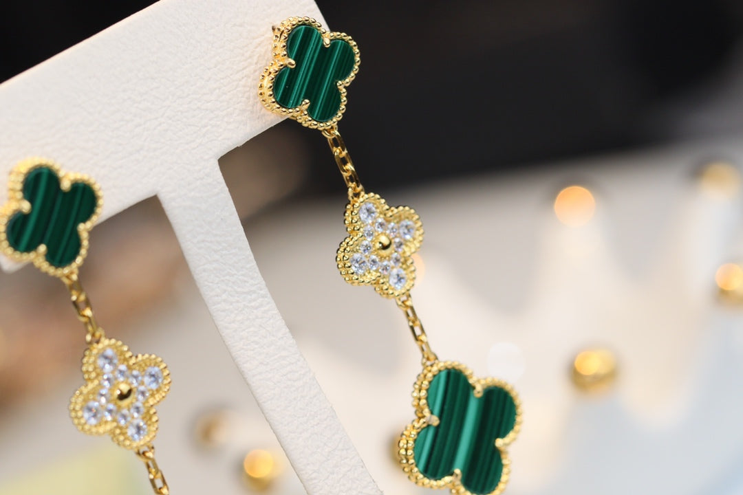 [Love Aura]CLOVER EARRINGS GOLD MALACHITE DIAMOND 3 MOTIF