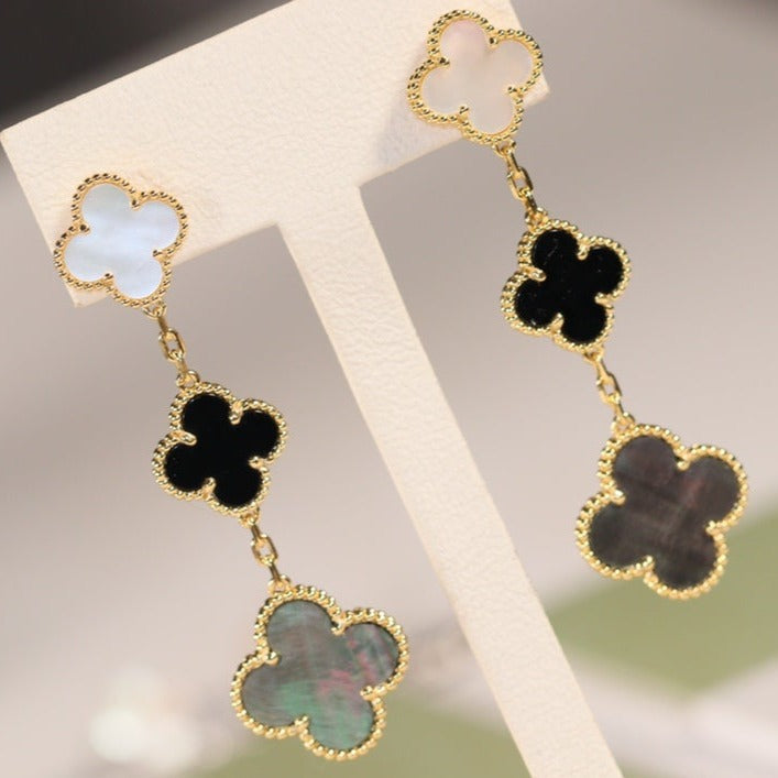 [Love Aura]CLOVER EARRINGS GOLD ONYX MOP 3 MOTIF