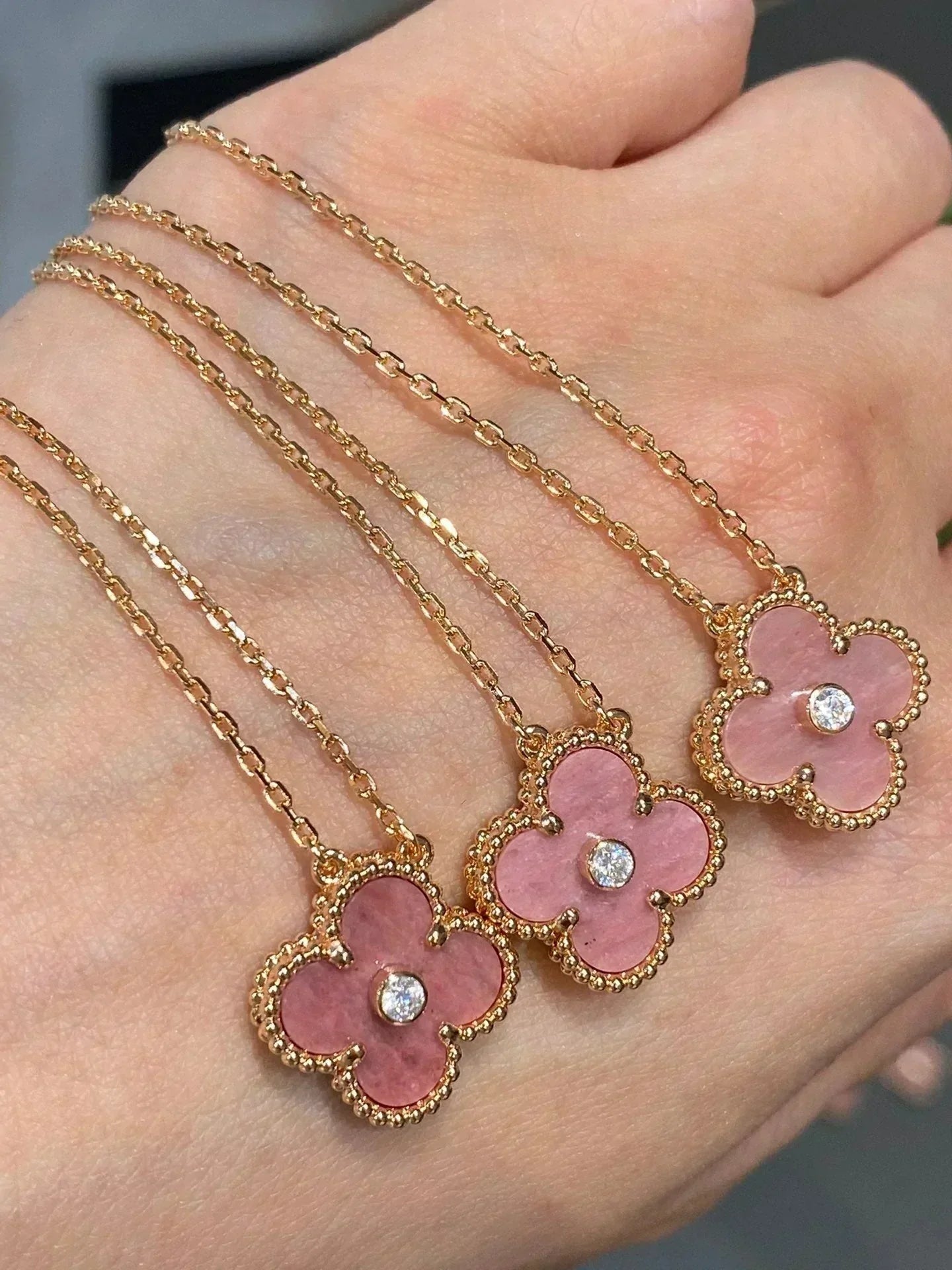 [Love Aura]CLOVER 15MM DIAMOND RHODONITE NECKLACE