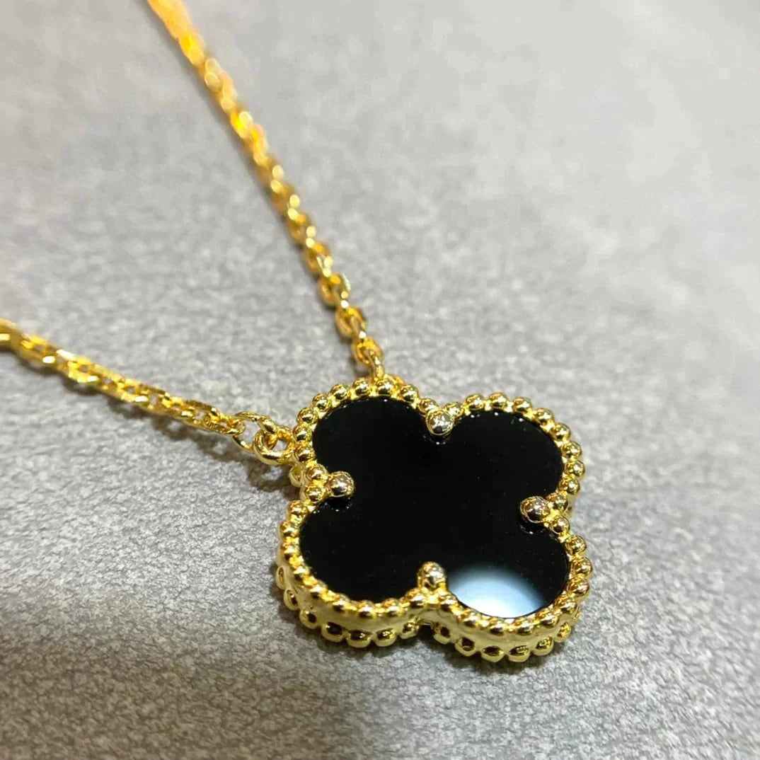 [Love Aura]CLOVER 15MM BLACK ONYX SINGLE FLOWER NECKLACE