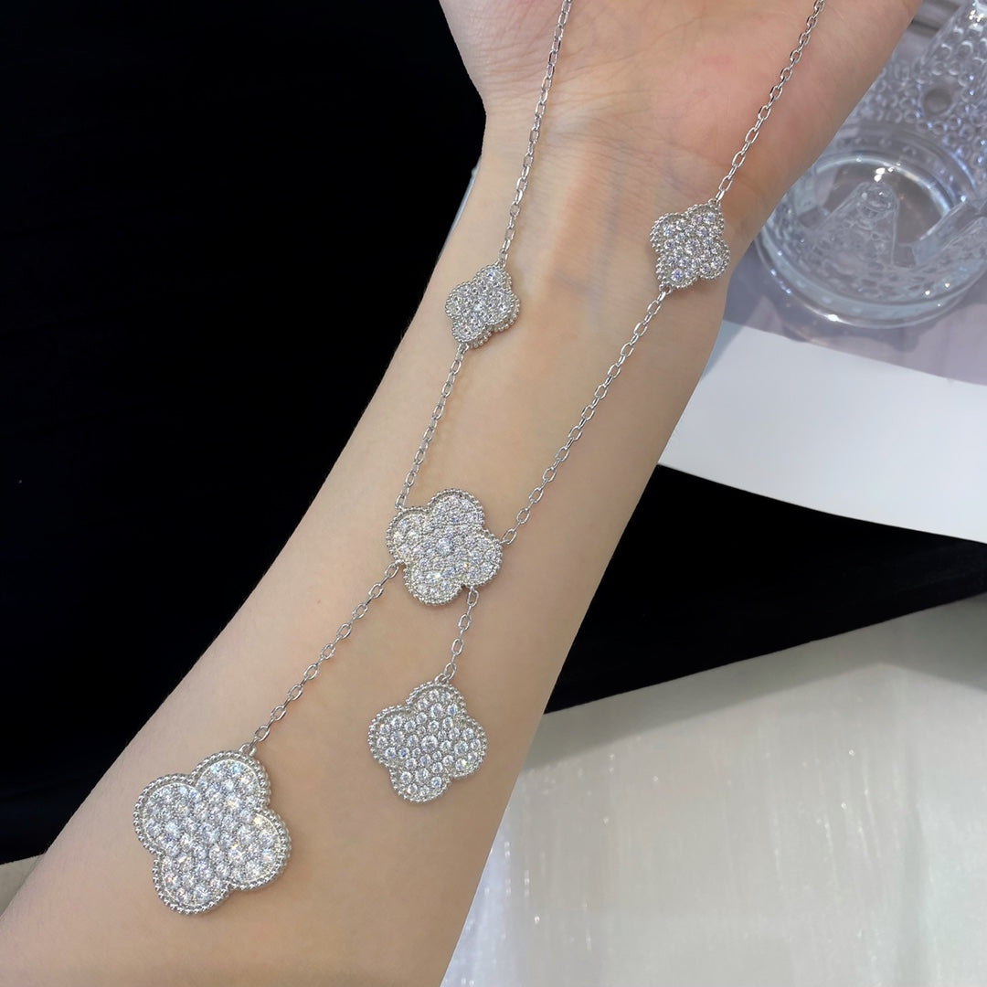 [Love Aura]CLOVER 5 MOTIFS SILVER DIAMONDS NECKLACE
