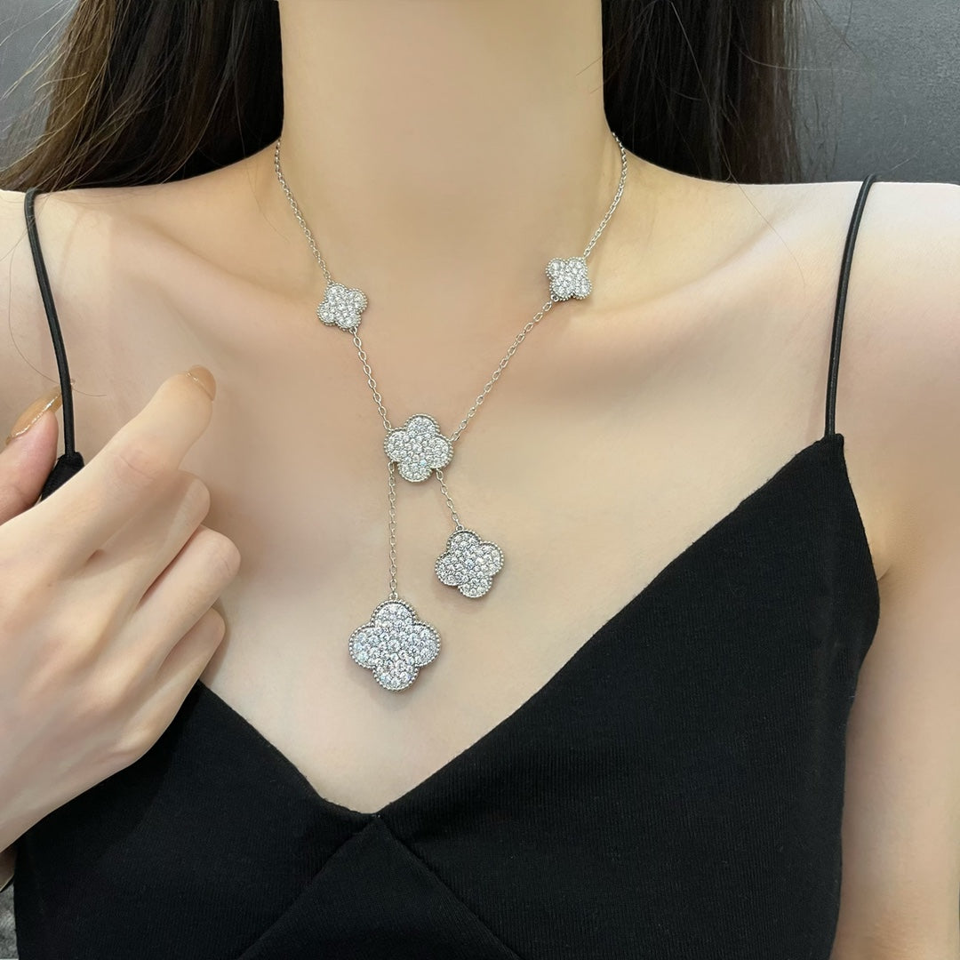 [Love Aura]CLOVER 5 MOTIFS SILVER DIAMONDS NECKLACE