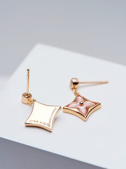 [Love Aura]DOUBLE STAR PINK GOLD MOP DROP EARRINGS