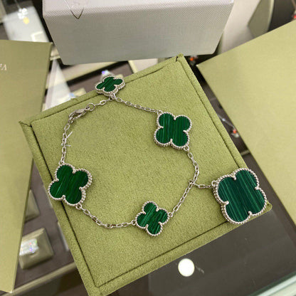 [Love Aura]CLOVER 5 MOTIFS SIVLER MALACHITE BRACELET