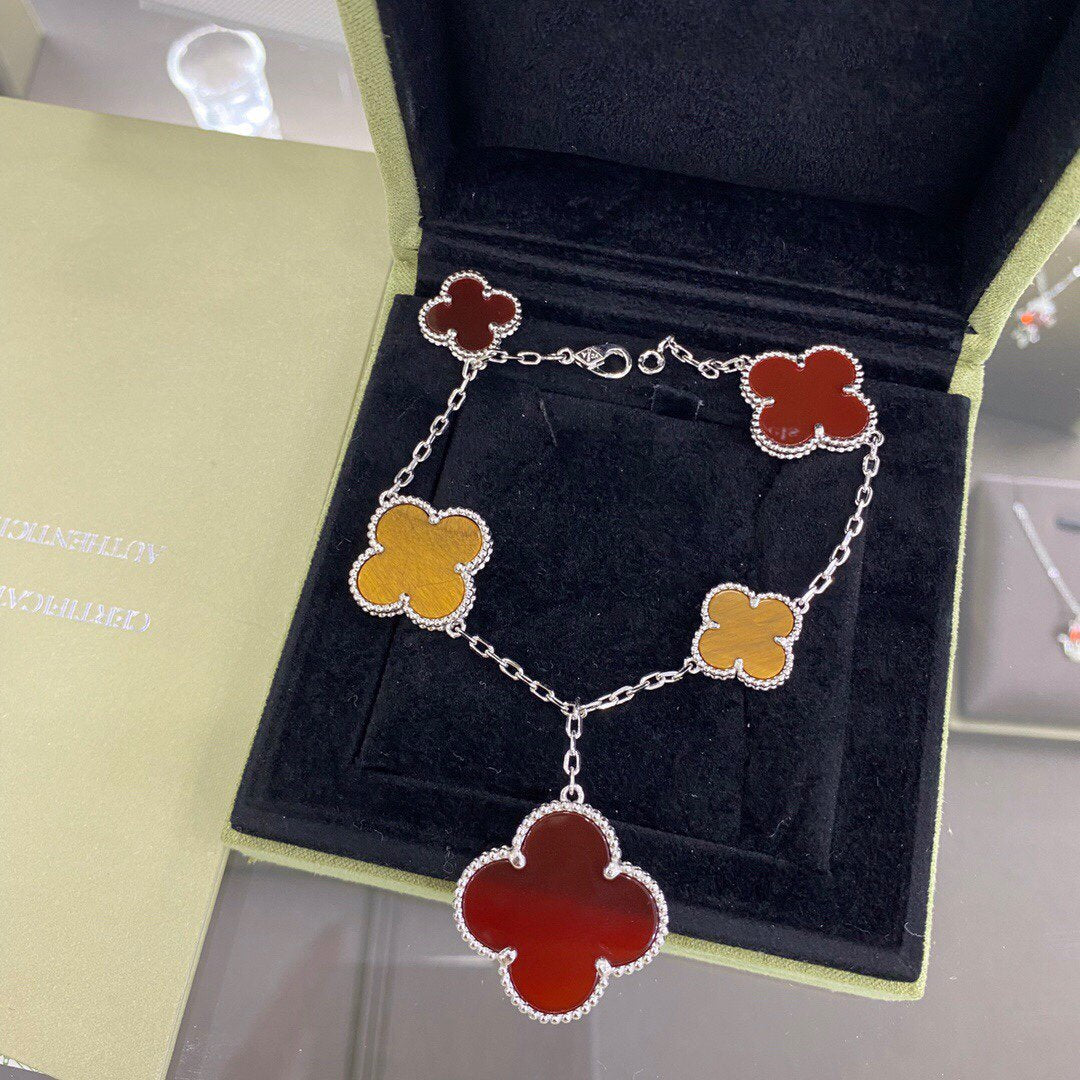 [Love Aura]CLOVER 5 MOTIFS SIVLER CARNELIAN TIGER EYE BRACELET