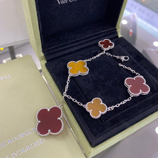 [Love Aura]CLOVER 5 MOTIFS SIVLER CARNELIAN TIGER EYE BRACELET