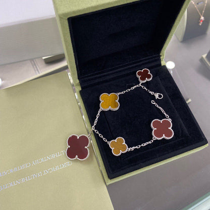 [Love Aura]CLOVER 5 MOTIFS SIVLER CARNELIAN TIGER EYE BRACELET