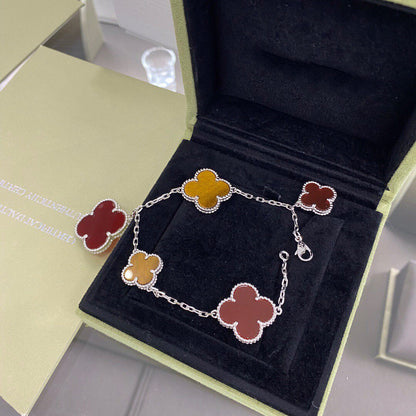 [Love Aura]CLOVER 5 MOTIFS SIVLER CARNELIAN TIGER EYE BRACELET