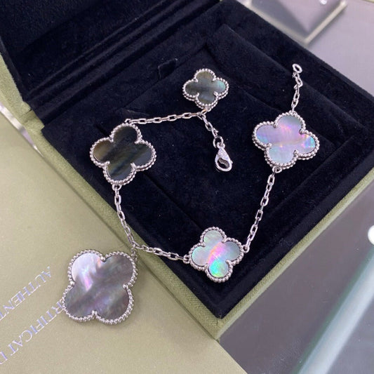 [Love Aura]CLOVER 5 MOTIFS SIVLER DARK MOP BRACELET