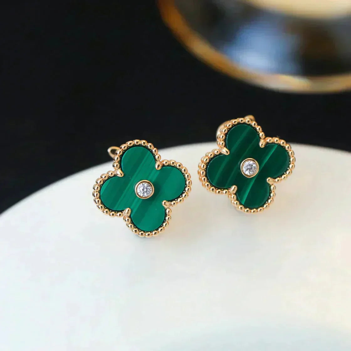 [Love Aura]CLOVER MEDIUM 1 MOTIFS MALACHITE DIAMOND EARRINGS