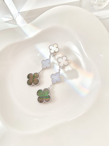 [Love Aura]CLOVER 3 MOTIFS CHALCEDONY DARK MOP SILVER EARRINGS