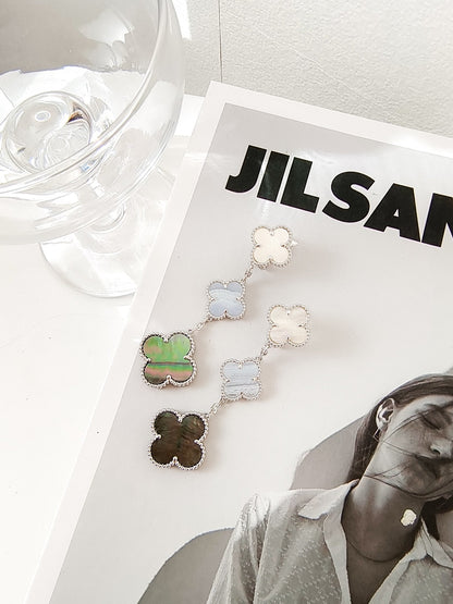 [Love Aura]CLOVER 3 MOTIFS CHALCEDONY DARK MOP SILVER EARRINGS