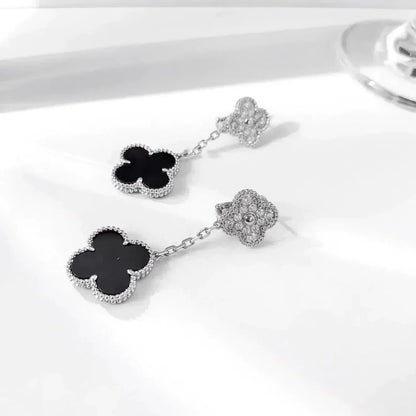 [Love Aura]CLOVER 2 MOTIFS  DIAMOND ONYX EARRINGS SILVER