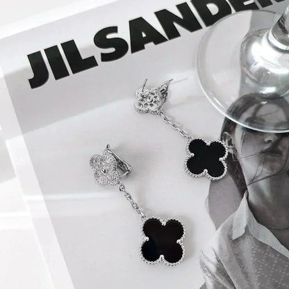 [Love Aura]CLOVER 2 MOTIFS  DIAMOND ONYX EARRINGS SILVER