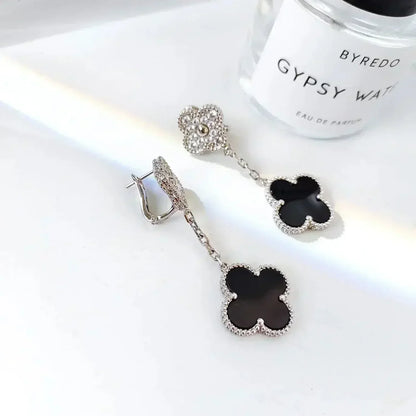 [Love Aura]CLOVER 2 MOTIFS  DIAMOND ONYX EARRINGS SILVER