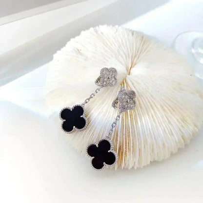 [Love Aura]CLOVER 2 MOTIFS  DIAMOND ONYX EARRINGS SILVER