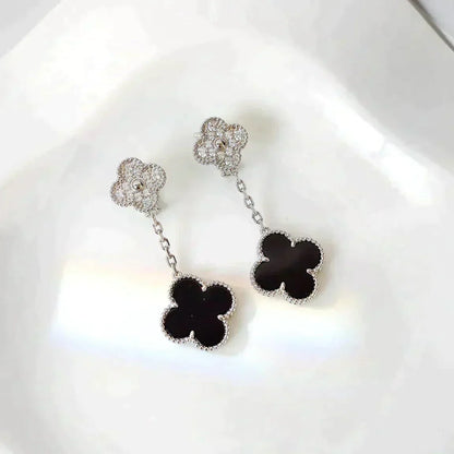[Love Aura]CLOVER 2 MOTIFS  DIAMOND ONYX EARRINGS SILVER