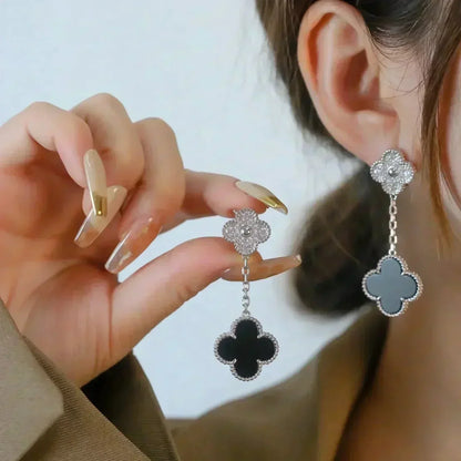 [Love Aura]CLOVER 2 MOTIFS  DIAMOND ONYX EARRINGS SILVER