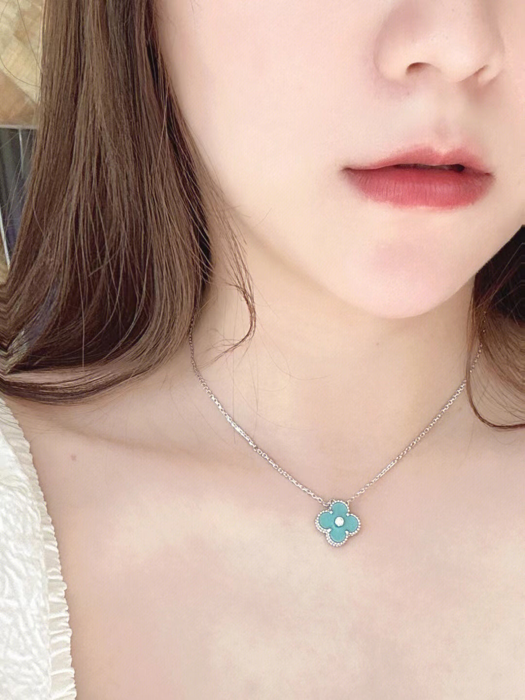 [Love Aura]CLOVER 1 DIAMOND LIGHT BLUE SILVER NECKLACE