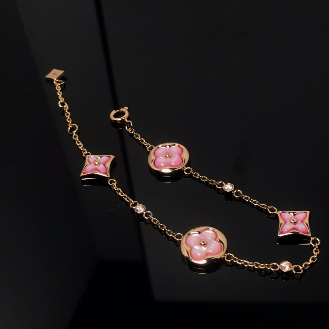 [Love Aura]STAR AND SUN 4 MOTIF PINK MOP PINK GOLD BRACELET