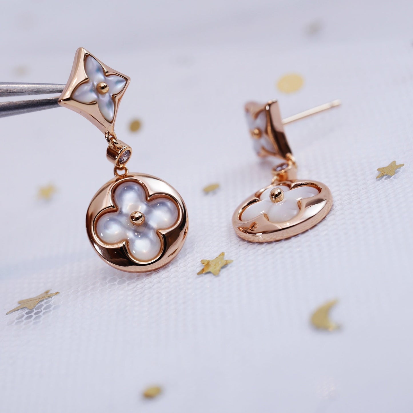 [Love Aura]STAR AND SUN PINK GOLD MOP DROP EARRINGS