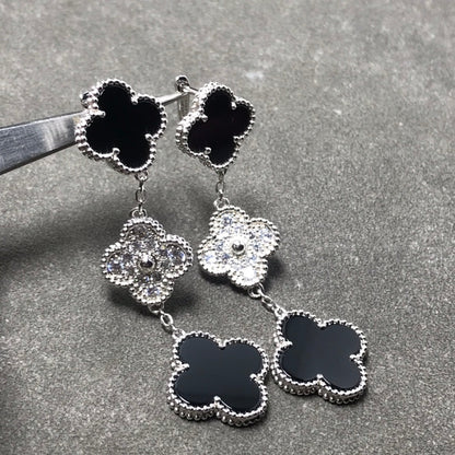 [Love Aura]CLOVER 3 MOTIF DIAMOND ONYX SILVER EARRINGS
