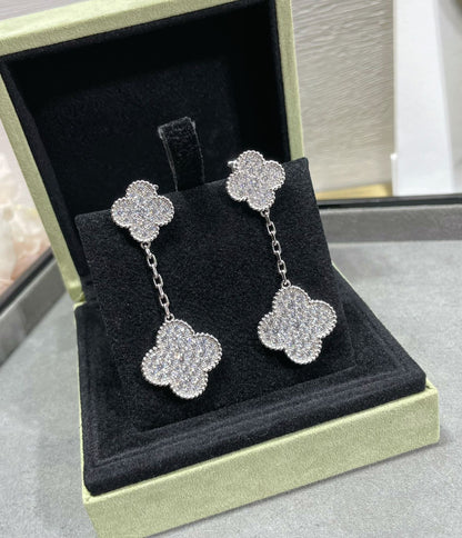 [Love Aura]CLOVER 2 MOTIFS DIAMOND PAVED SILVER EARRINGS