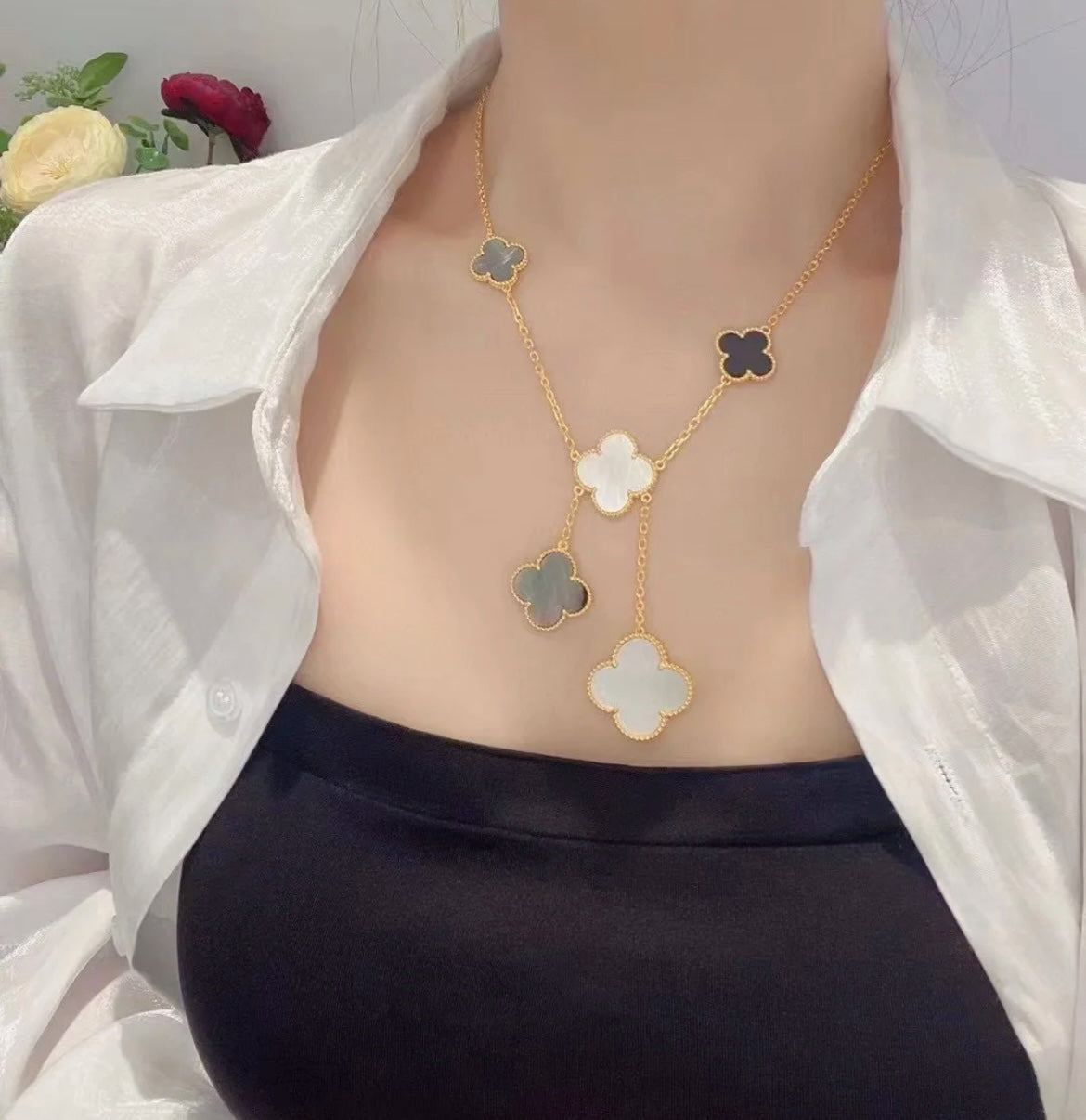 [Love Aura]CLOVER 6 MOTIF MOP ONYX GOLD NECKLACE