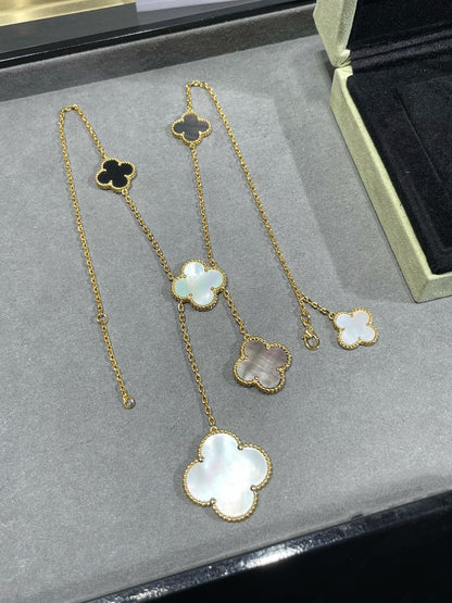 [Love Aura]CLOVER 6 MOTIF MOP ONYX GOLD NECKLACE