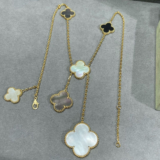 [Love Aura]CLOVER 6 MOTIF MOP ONYX GOLD NECKLACE