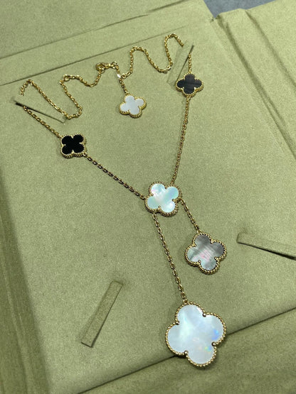 [Love Aura]CLOVER 6 MOTIF MOP ONYX GOLD NECKLACE