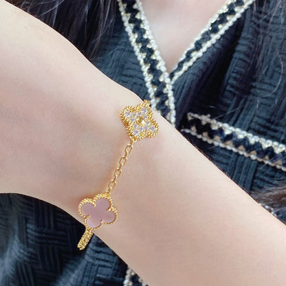 [Love Aura]CLOVER 5 MOTIF DIAMOND PINK MOP PINK GOLD BRACELET