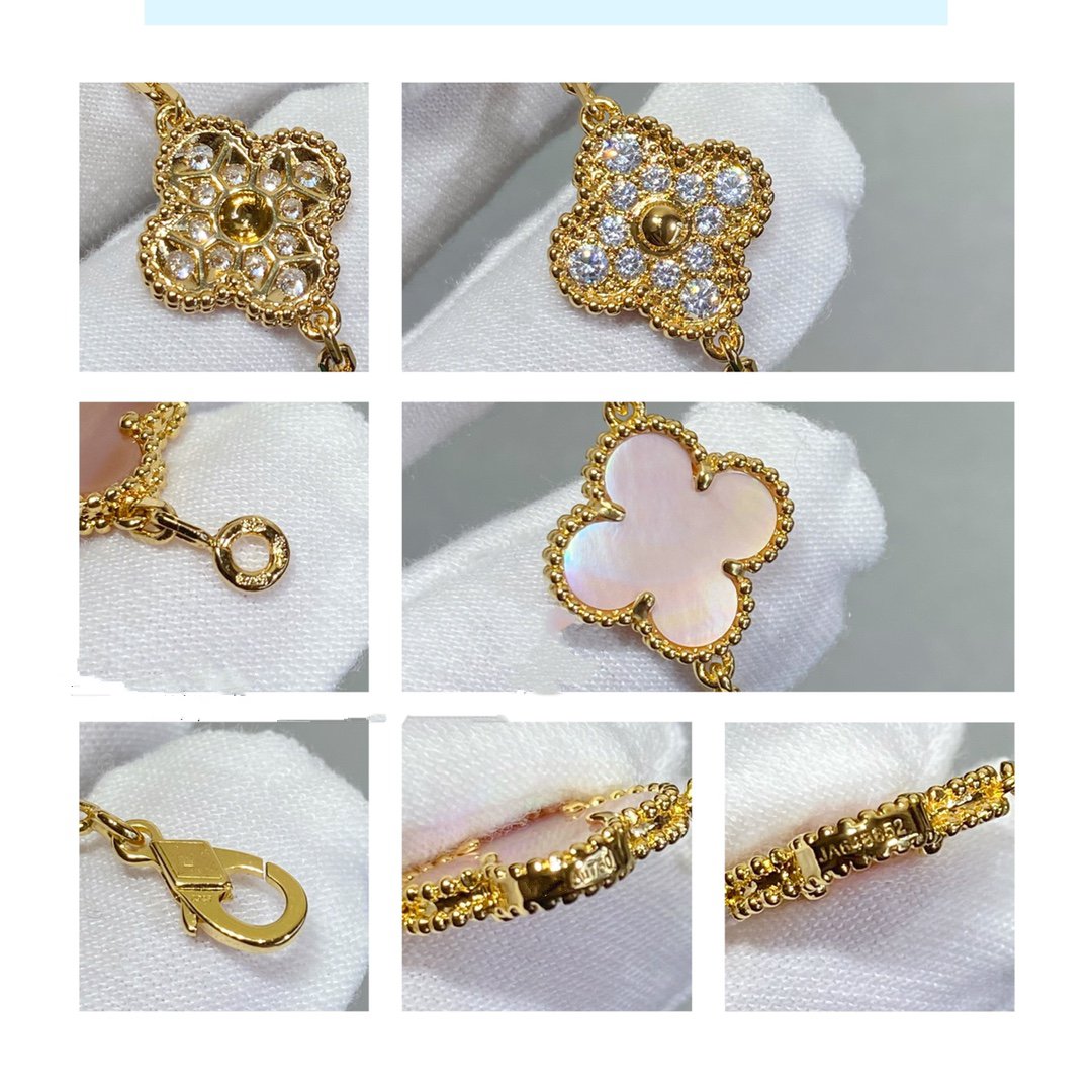 [Love Aura]CLOVER 5 MOTIF DIAMOND PINK MOP PINK GOLD BRACELET