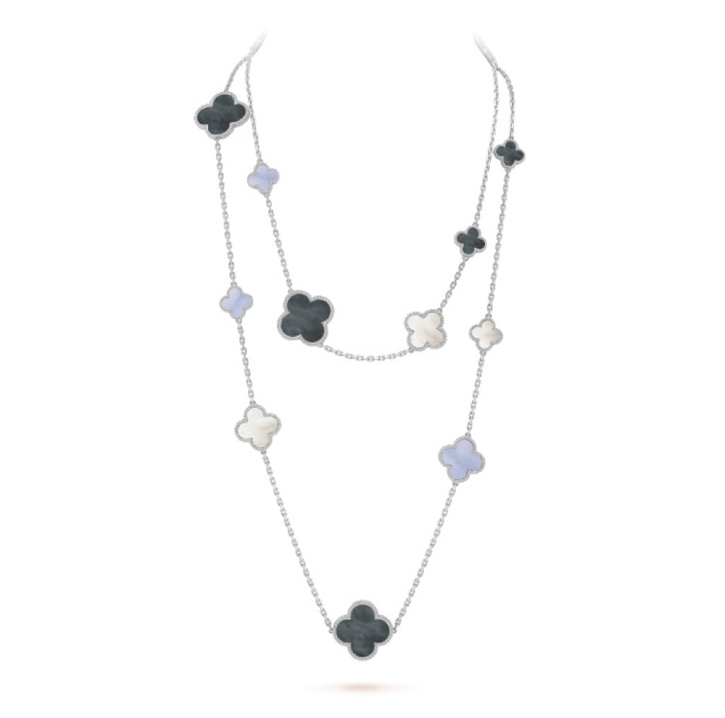 [Love Aura]CLOVER 16 MOTIF CHALCEDONY MOP SILVER NECKLACE