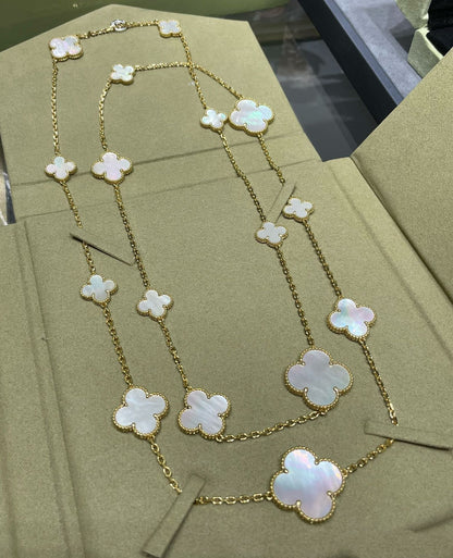 [Love Aura]CLOVER 16 MOTIF WHITE MOP GOLD NECKLACE