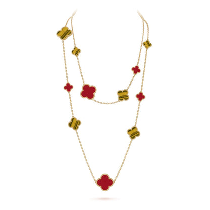 [Love Aura]CLOVER 16 MOTIF CARNELIAN TIGER EYE ROSE GOLD NECKLACE